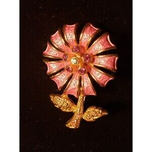 Vintage Pink Flower Gold tone Pin/Brooch - Faux amethyst stones EUC